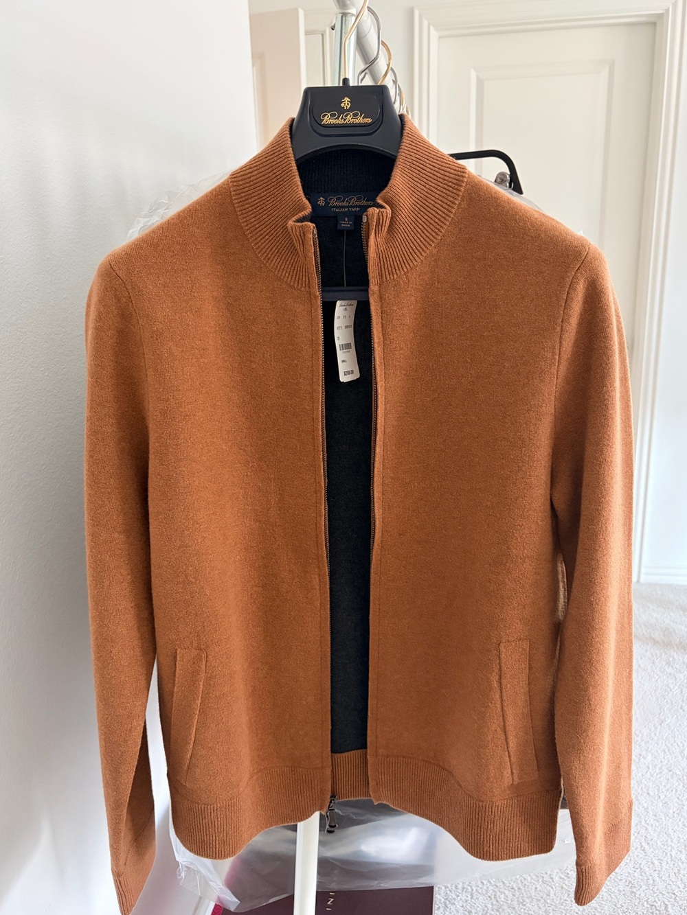 NWT Brooks Brothers Cardigan Jacket Camel Brown Full-Zip  Italian Yarn Small